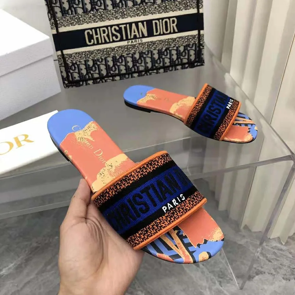 Dior Dway Slide Blue Multicolor D for Women in Flower Pop Cotton Embroidery