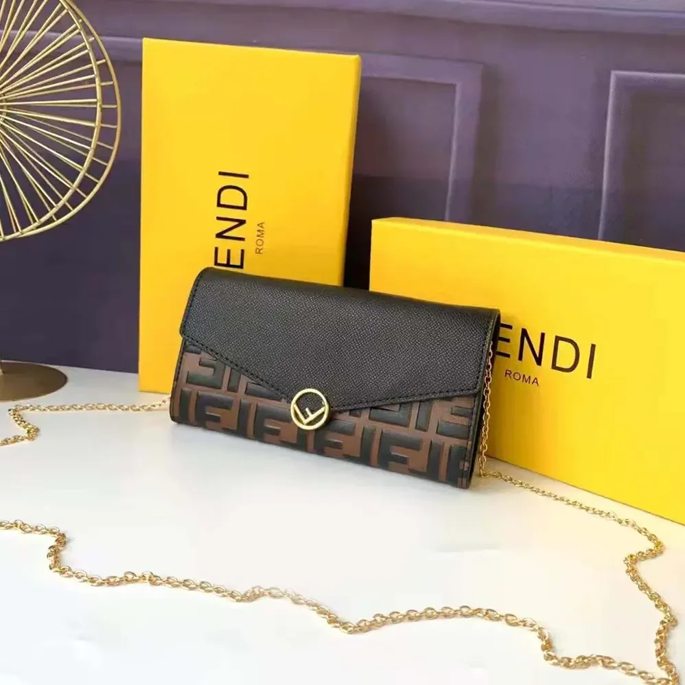 Fendi FF With Chain Brown Leather Wallet for Women