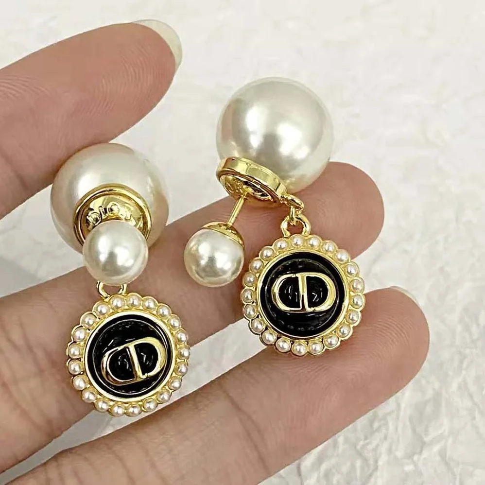Dior Tribales Earrings Gold-Finish Metal with White Resin Pearls and Black Glass for Women Dior Tribales Earrings Gold-Finish Metal with White Resin Pearls and Black Glass for Women