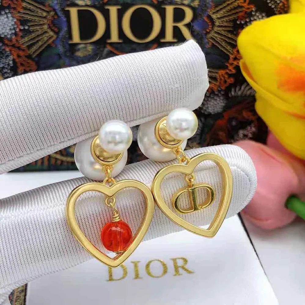 Dior Tribales Earrings Gold-Finish Metal with Red Resin Pearls for Women Dior Tribales Earrings Gold-Finish Metal with Red Resin Pearls for Women