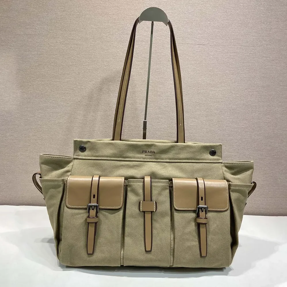 Prada Route Canvas and Leather Tote Bag for Women