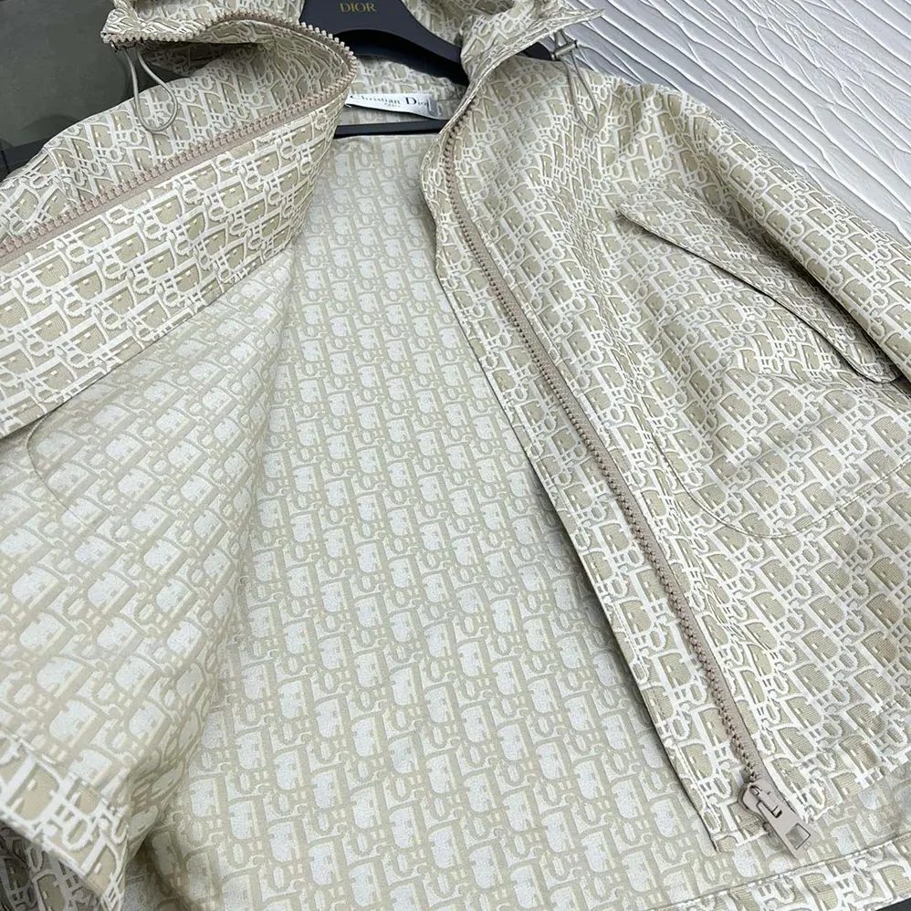 Dior Hooded Jacket Beige Technical Jacquard Taffeta with Dior Oblique Motif for Women