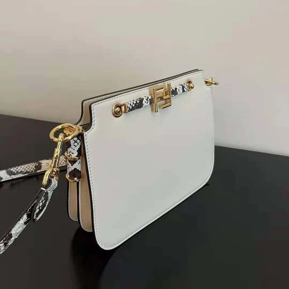 Fendi Touch White Leather Bag with Metal FF Clasp for Women