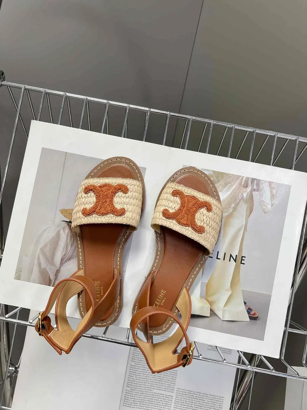Celine Lympia Flat Strap Sandal In Raffia Brown Celine Lympia Flat Strap Sandal In Raffia Brown