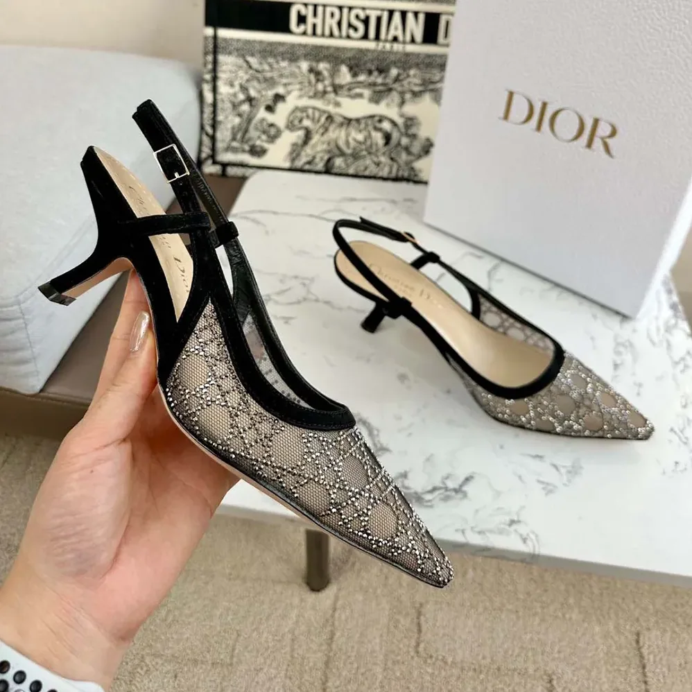 Dior Capture Slingback Pump Transparent Mesh with Silver for Women in Tone Strass Cannage Motif