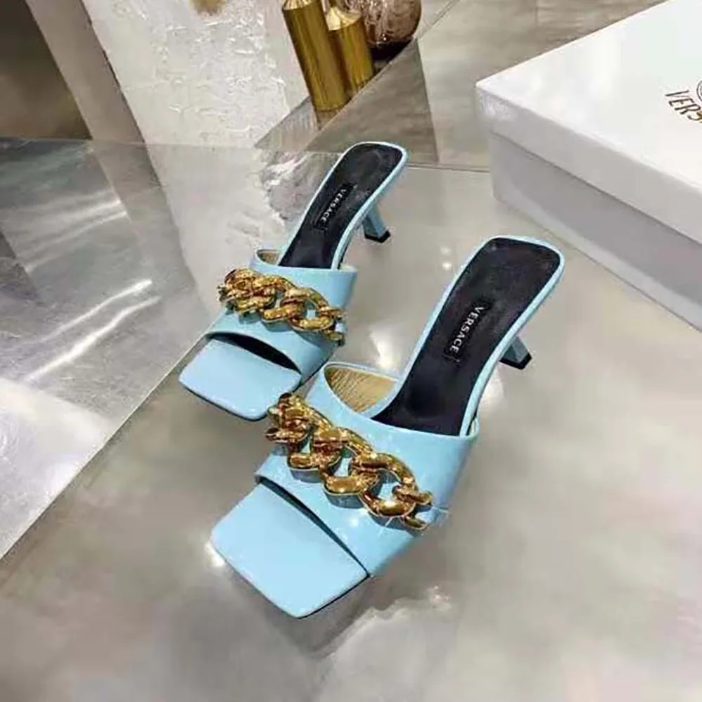 Versace Medusa Chain Mid-heel Naplak Mules for Women in Blue