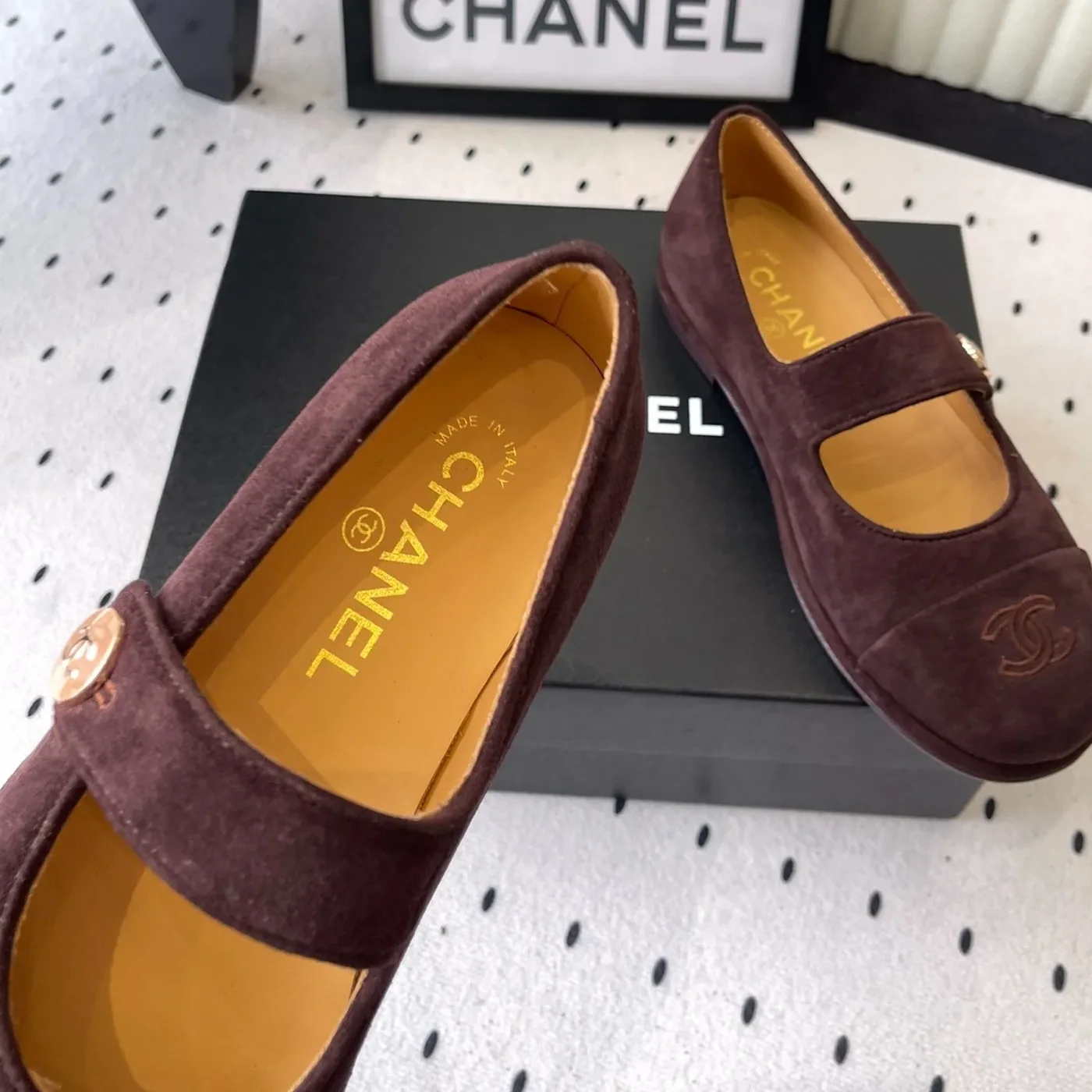 Chanel Mary Jane Flats Burgundy Suede