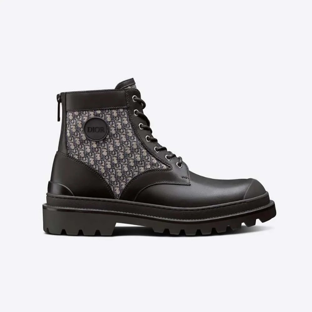 Dior Explorer Ankle Boot Black Smooth Calfskin and Beige and Black Dior Oblique Jacquard for Men Dior Explorer Ankle Boot Black Smooth Calfskin and Beige and Black Dior Oblique Jacquard for Men