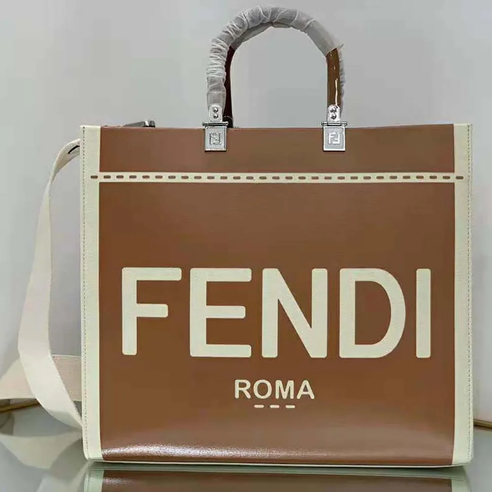 Fendi Sunshine Medium Canvas and Brown Patent Leather Shopper Bag for Women Fendi Sunshine Medium Canvas and Brown Patent Leather Shopper Bag for Women