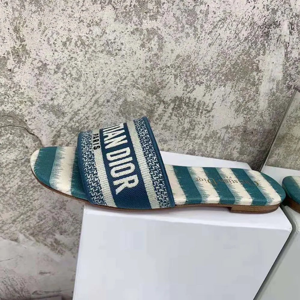 Dior Dway Slide Deep Ocean Blue D for Women in Stripes Embroidered Cotton