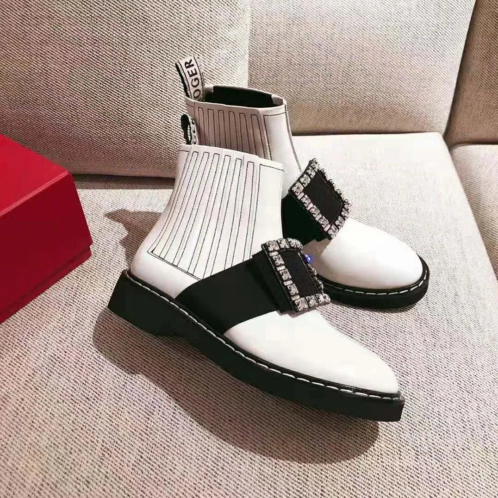 Roger Vivier Viv' Rangers Stitch Strass Buckle Booties in Leather for Women in White Roger Vivier Viv' Rangers Stitch Strass Buckle Booties in Leather for Women in White