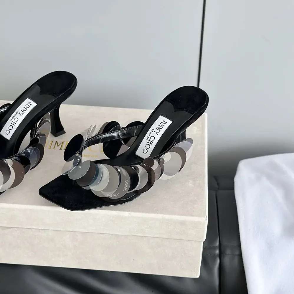 Jimmy Choo Freja 70 Black Suede Paillette Sandals for Women