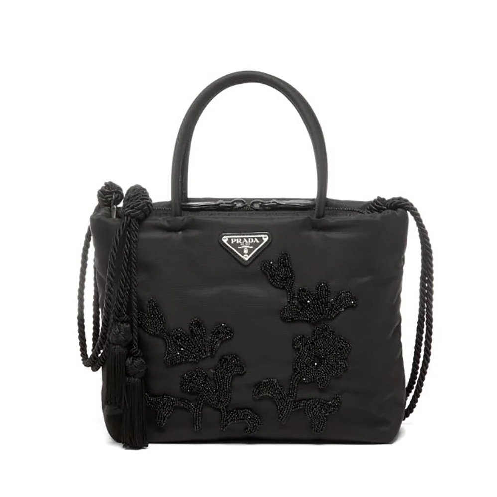 Prada Embroidered Nylon in Leather Handbag for Women in Black Prada Embroidered Nylon in Leather Handbag for Women in Black