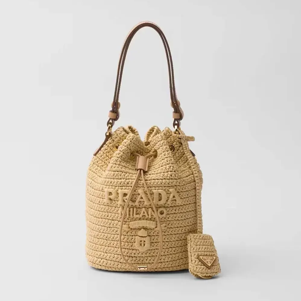 Prada Mini Crochet and Leather Bucket Bag for Women in Natural