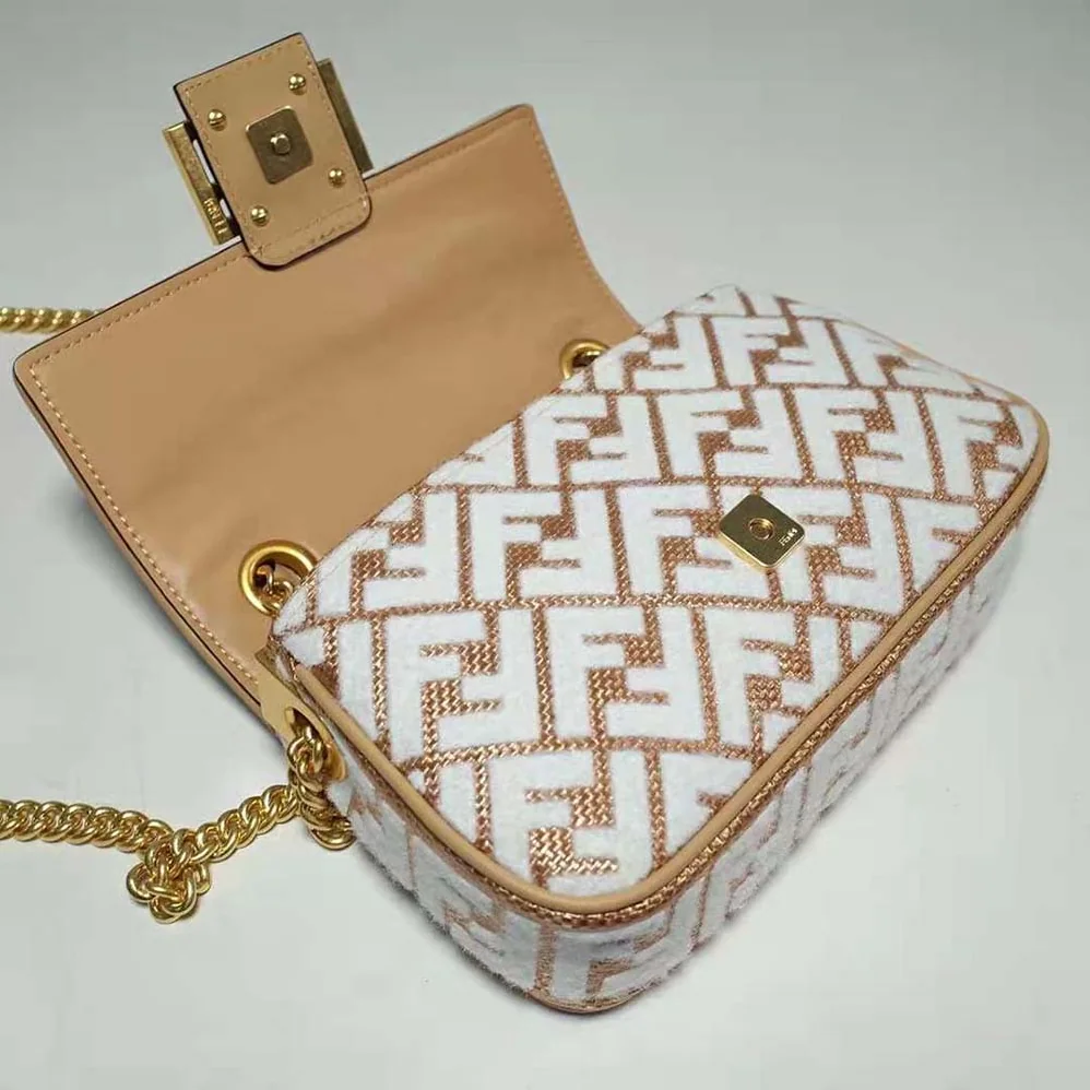 Fendi Baguette Chain Midi Raffia Bag with White Tapestry Fabric FF Motif for Women