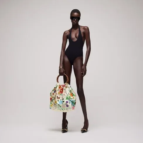 Gucci Silk Maxi With Bamboo Handle Tote Bag in White/ Multicolor Gold Hardware