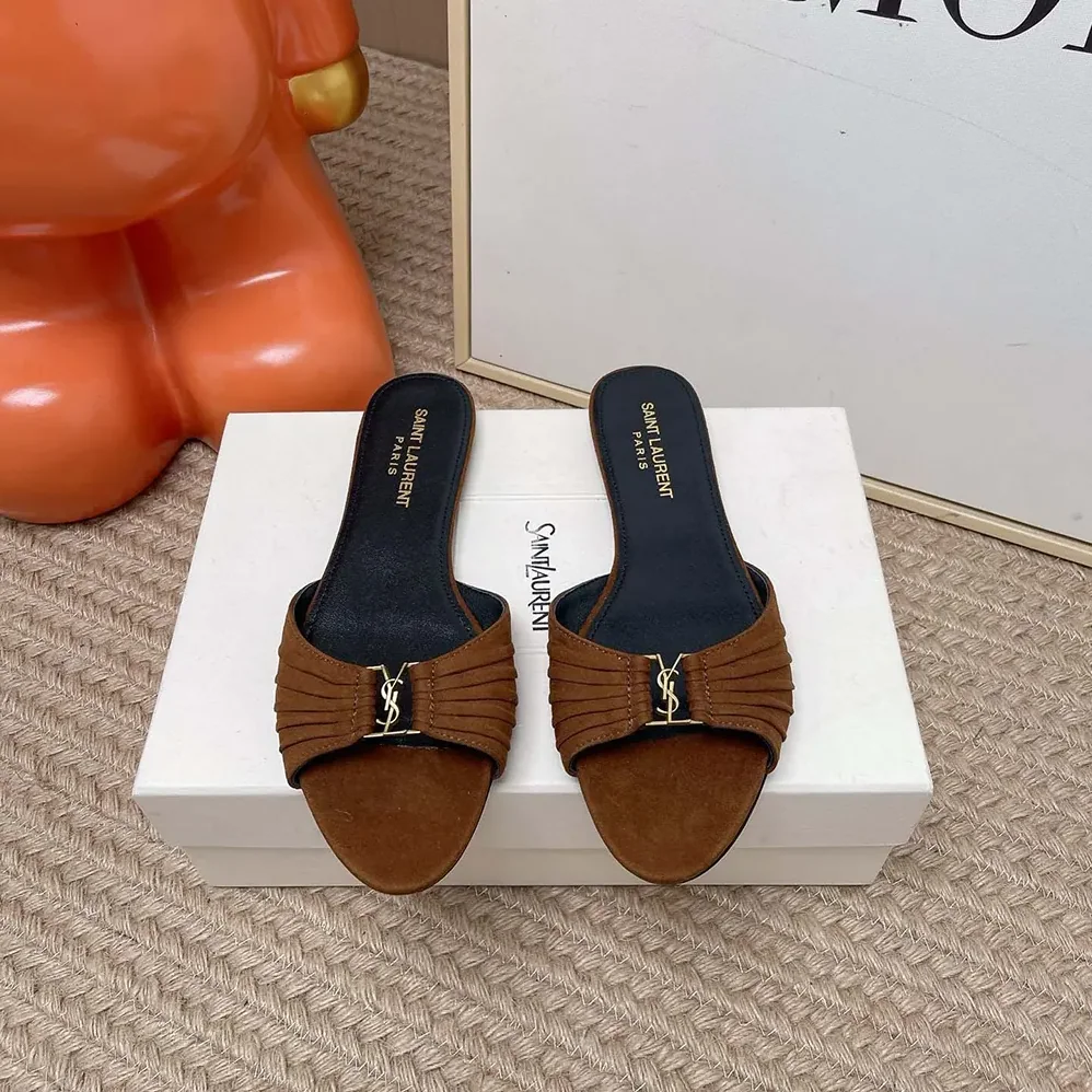 Saint Laurent YSL Babylone Slides In Suede Dark Brown for Women