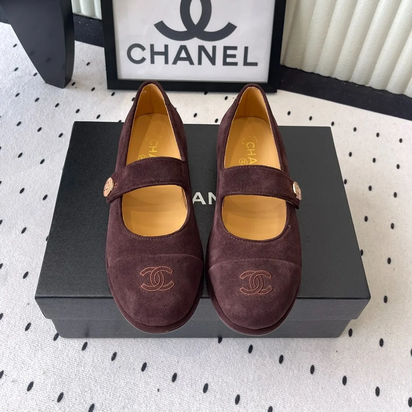 Chanel Mary Jane Flats Burgundy Suede