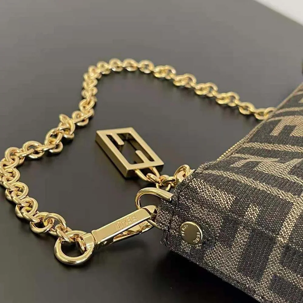 Fendi Baguette Pouch Brown Jacquard FF Fabric Clutch with Chain for Women Fendi Baguette Pouch Brown Jacquard FF Fabric Clutch with Chain for Women