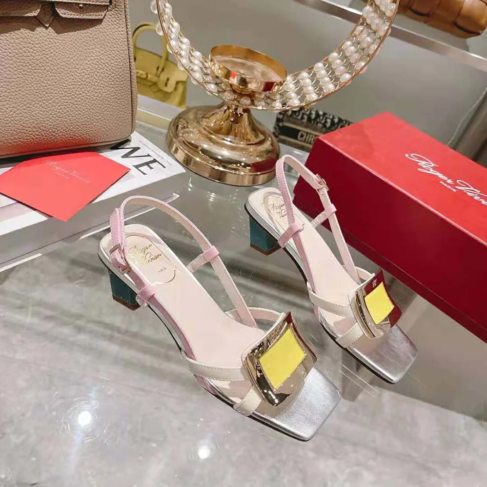 Roger Vivier Belle Vivier Metal Buckle Sandals in Patent Leather for Women in Yellow