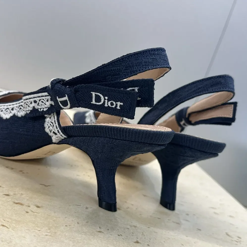 Dior J'Adior Slingback Pump Blue Dior Oblique Embroidered Cotton and White Lace for Women Dior J'Adior Slingback Pump Blue Dior Oblique Embroidered Cotton and White Lace for Women