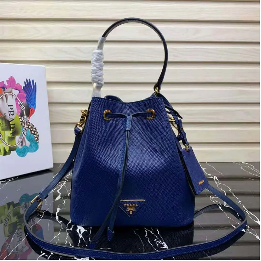 Prada Saffiano Leather Bucket Bag for Women in Navy