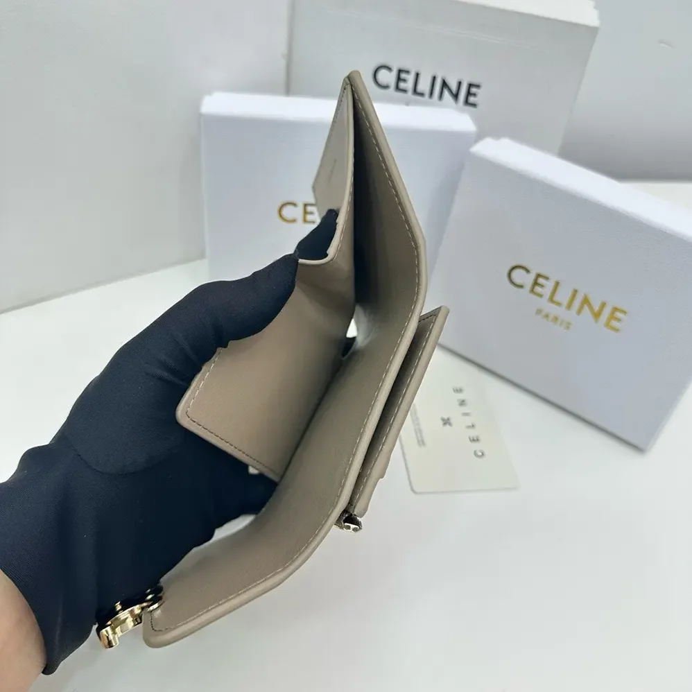 Celine Compact Wallet with Coin Triomphe in Shiny Calfskin for Women in Grey Celine Compact Wallet with Coin Triomphe in Shiny Calfskin for Women in Grey