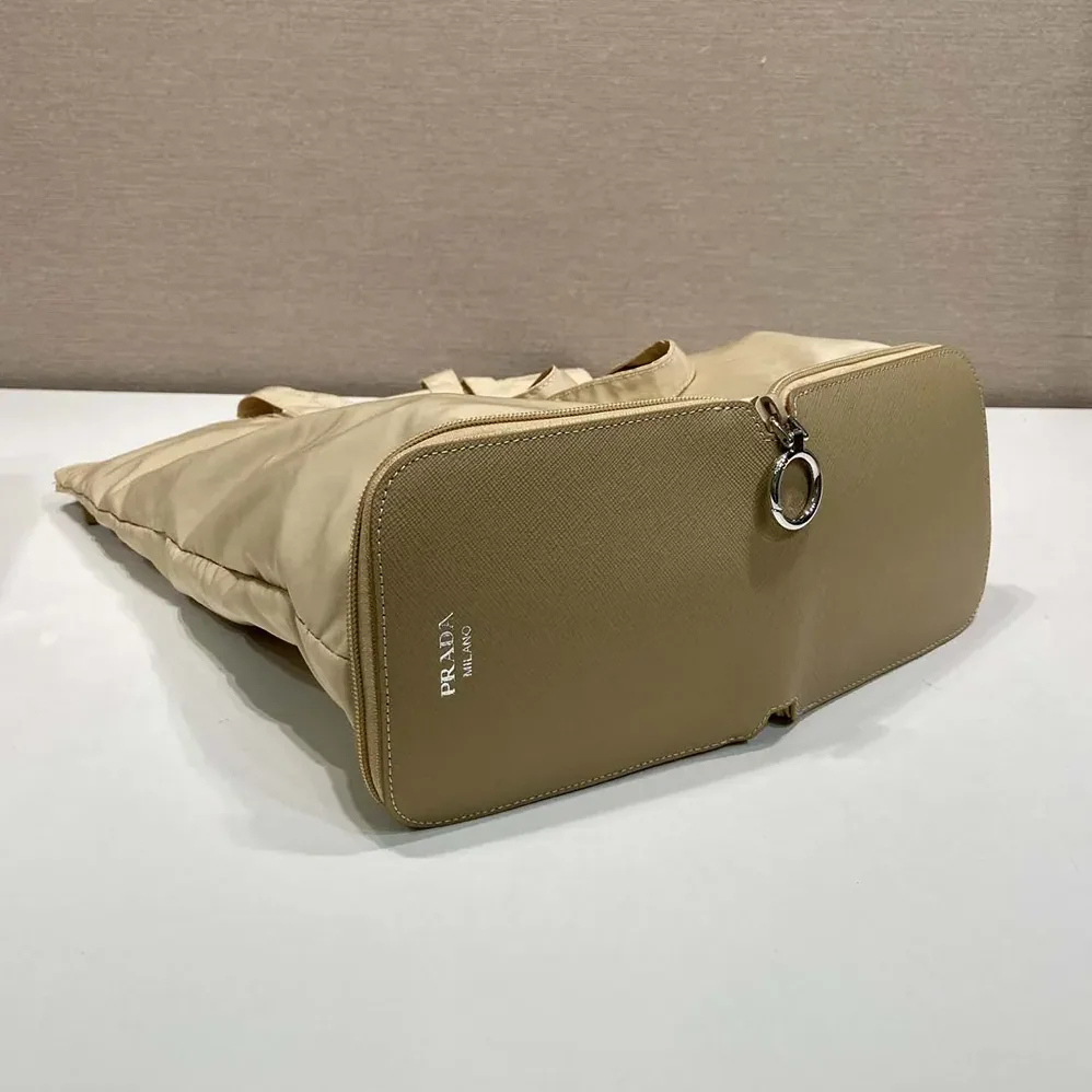 Prada Saffiano Leather Pendant With Re-Nylon Tote Bag for Women in Camel Brown Prada Saffiano Leather Pendant With Re-Nylon Tote Bag for Women in Camel Brown