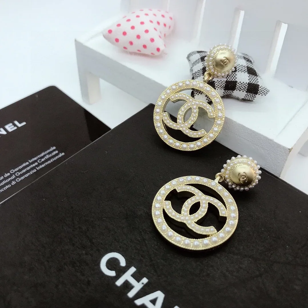 Chanel Dangling Big Circle Frame Earrings Gold Tone