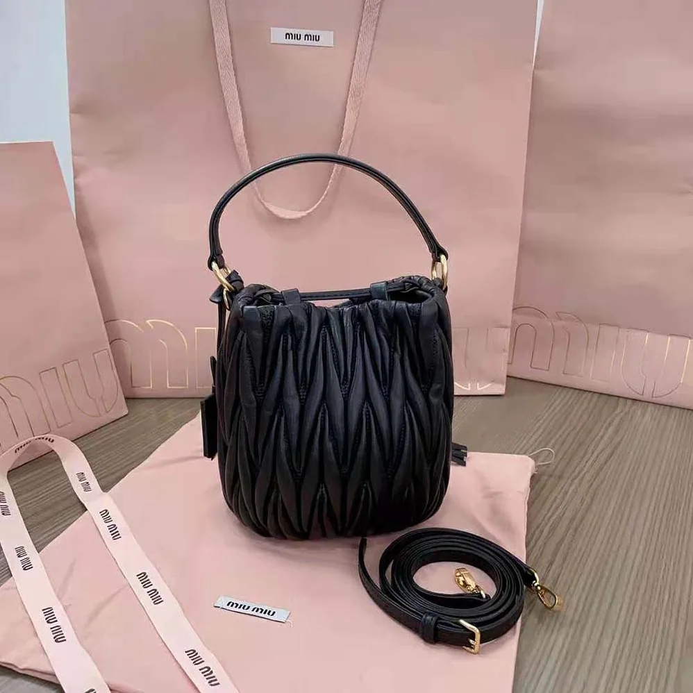 Miu Miu Matelassé Nappa Leather Bucket Bag for Women in Black Miu Miu Matelassé Nappa Leather Bucket Bag for Women in Black