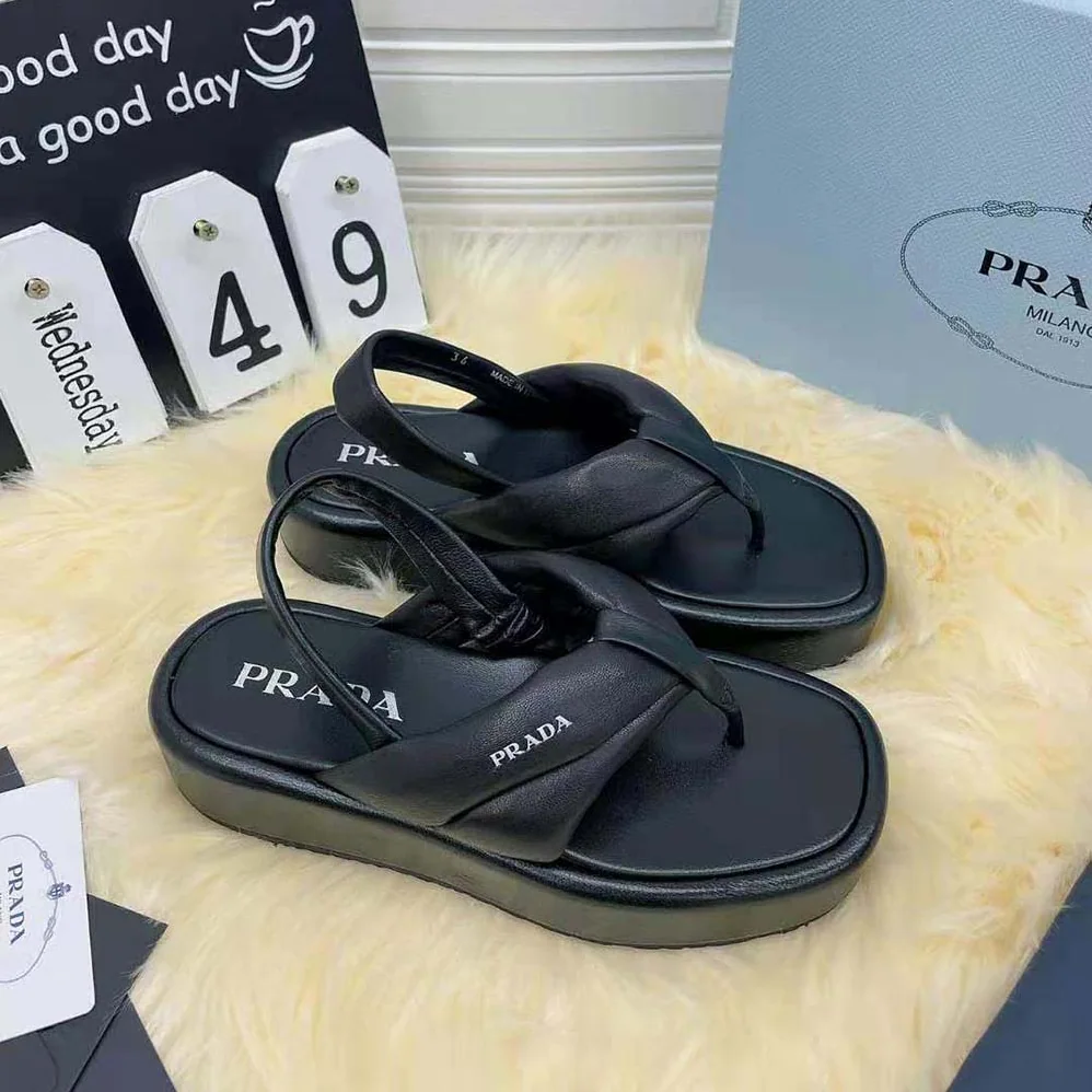 Prada Nappa Leather Thong Flatform Sandals for Women in Black