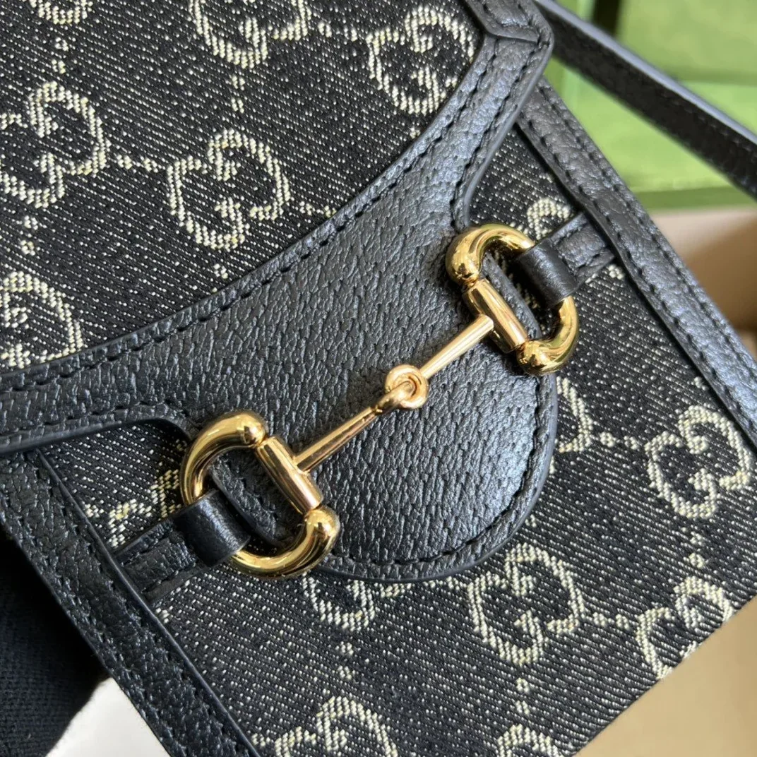 Gucci Horsebit 1955 Mini Bag Black And Ivory GG Denim Jacquard /