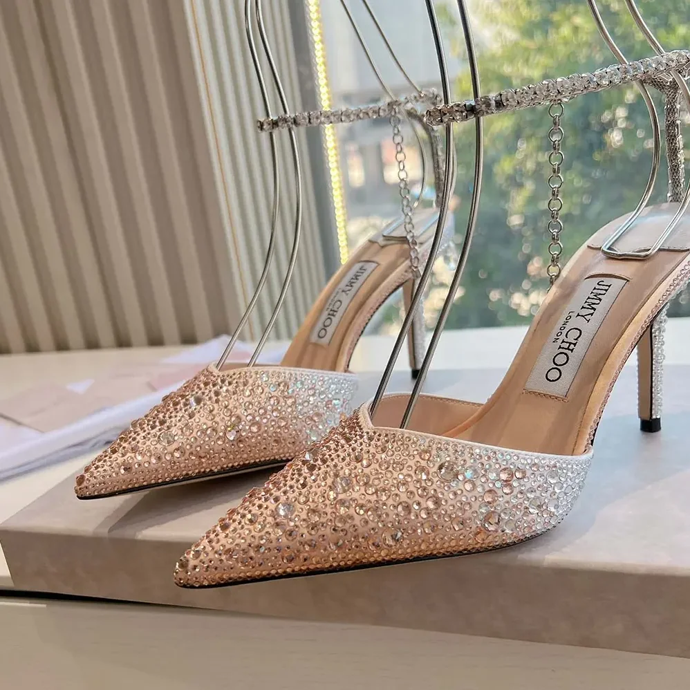 Jimmy Choo Saeda 100 Gold Satin Pumps with Crystals for Women