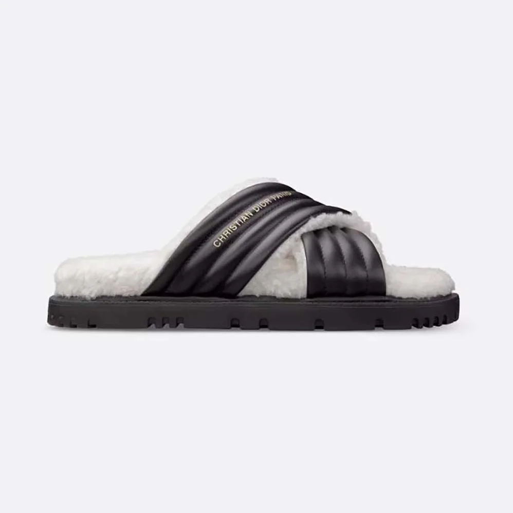 Dior D-Cross Slide Black Lambskin and White Shearling for Women