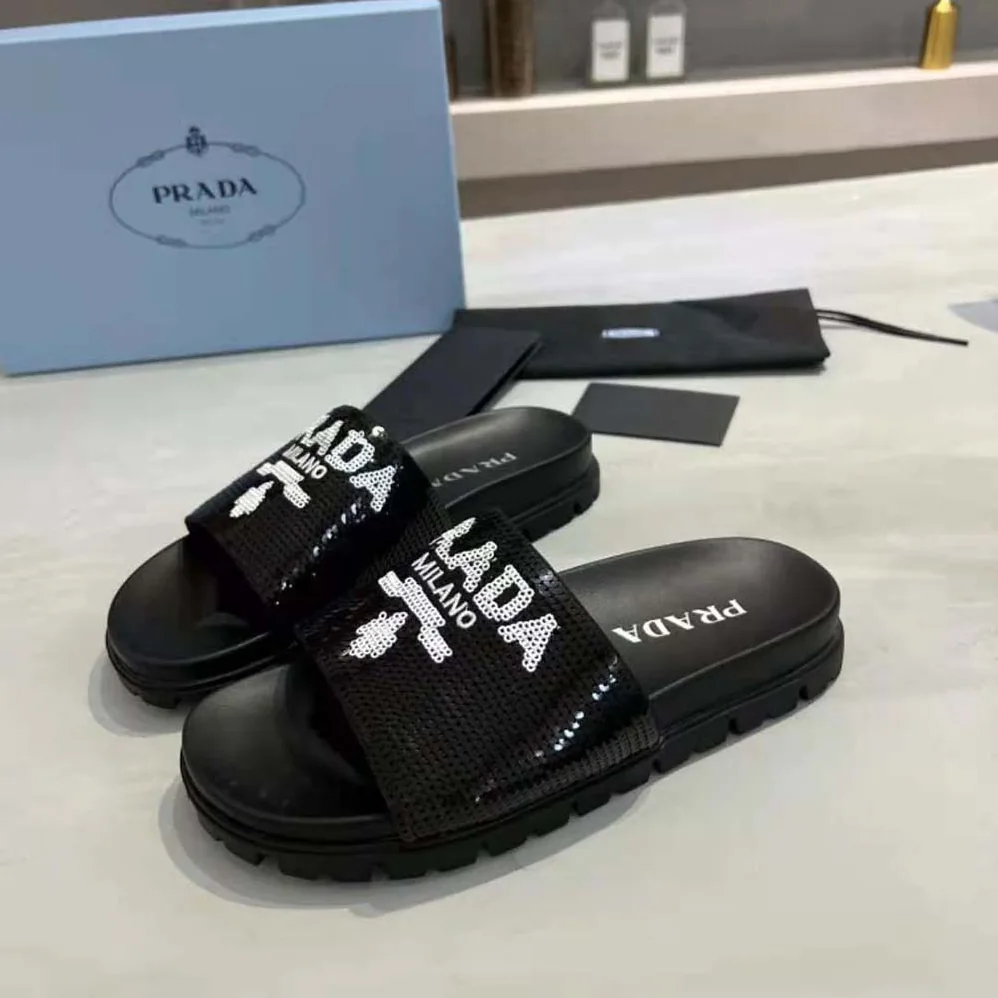 Prada Sequin Slides with Rubber Lug Sole are Covered All Over with Embroidered Sequins for Women Prada Sequin Slides with Rubber Lug Sole are Covered All Over with Embroidered Sequins for Women