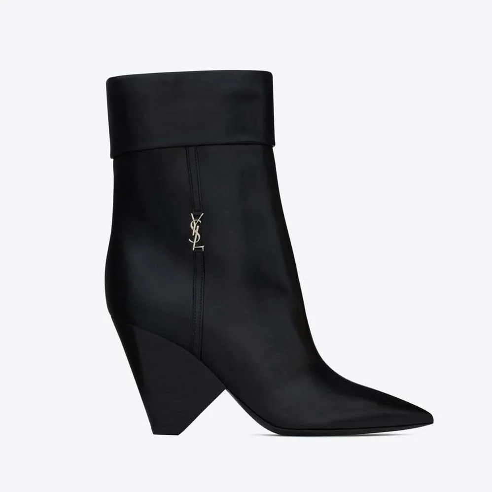 Saint Laurent YSL Niki Booties in Smooth Leather and Silver-Tone Monogram for Women in Black Saint Laurent YSL Niki Booties in Smooth Leather and Silver-Tone Monogram for Women in Black