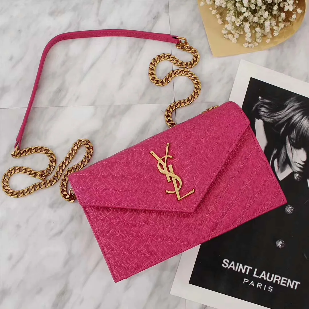 Saint Laurent YSL Medium Monogram Envelope Chain Wallet Gold Hardware in Rose Saint Laurent YSL Medium Monogram Envelope Chain Wallet Gold Hardware in Rose