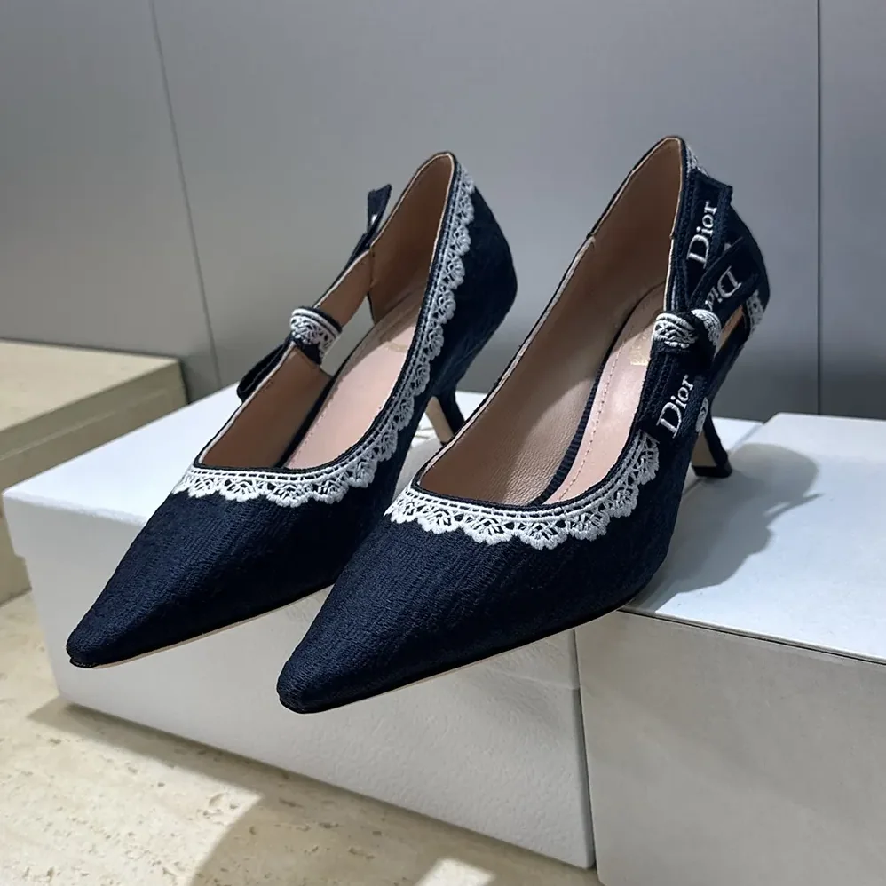 Dior J'Adior Pump Blue Dior Oblique Embroidered Cotton and White Lace for Women Dior J'Adior Pump Blue Dior Oblique Embroidered Cotton and White Lace for Women