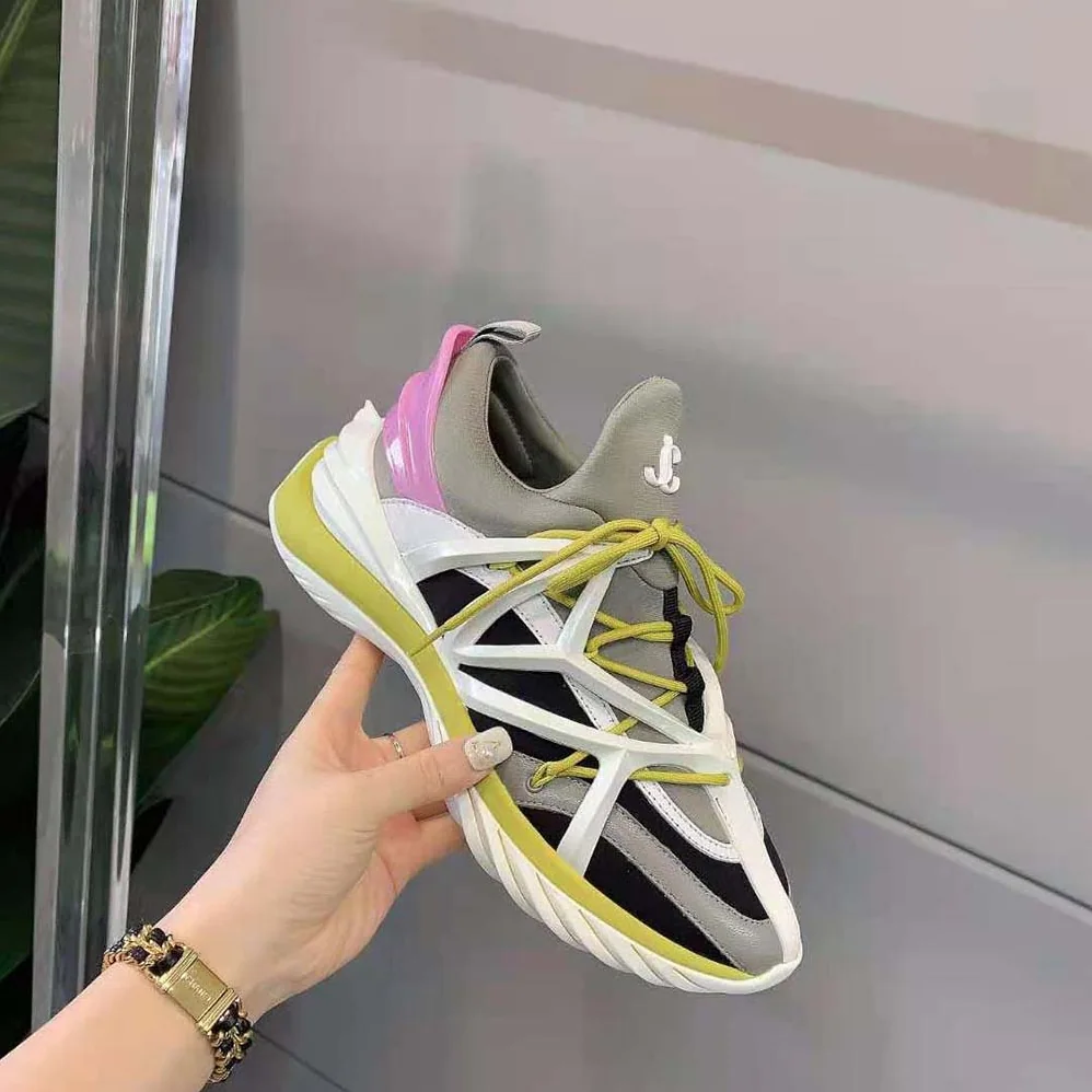 Jimmy Choo Cosmos/F Marl Grey Lime and Pink Leather and Neoprene Low for Women in Top Trainers
