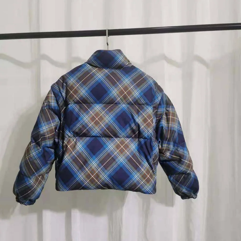 Prada Cropped Plaid Puffer Jacket for Women in Blue