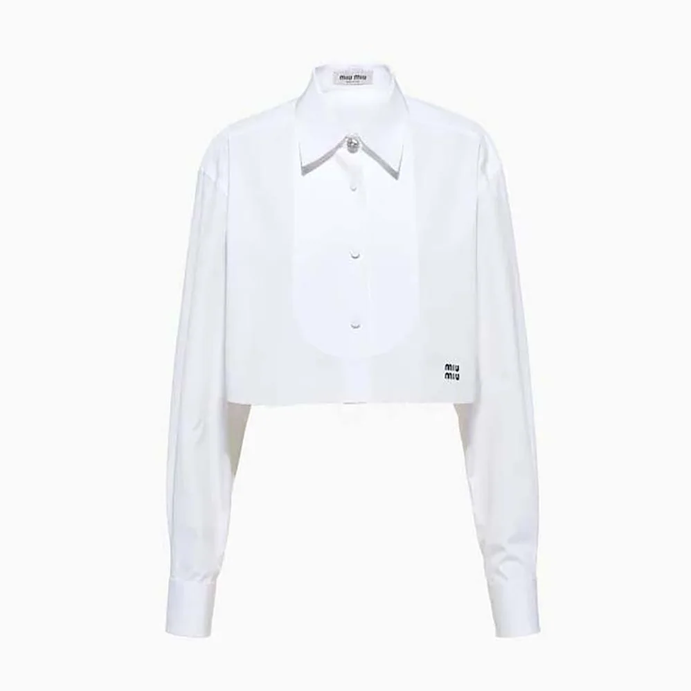 Miu Miu Poplin Shirt with Yarn-Embroidered Logo for Women in White Miu Miu Poplin Shirt with Yarn-Embroidered Logo for Women in White