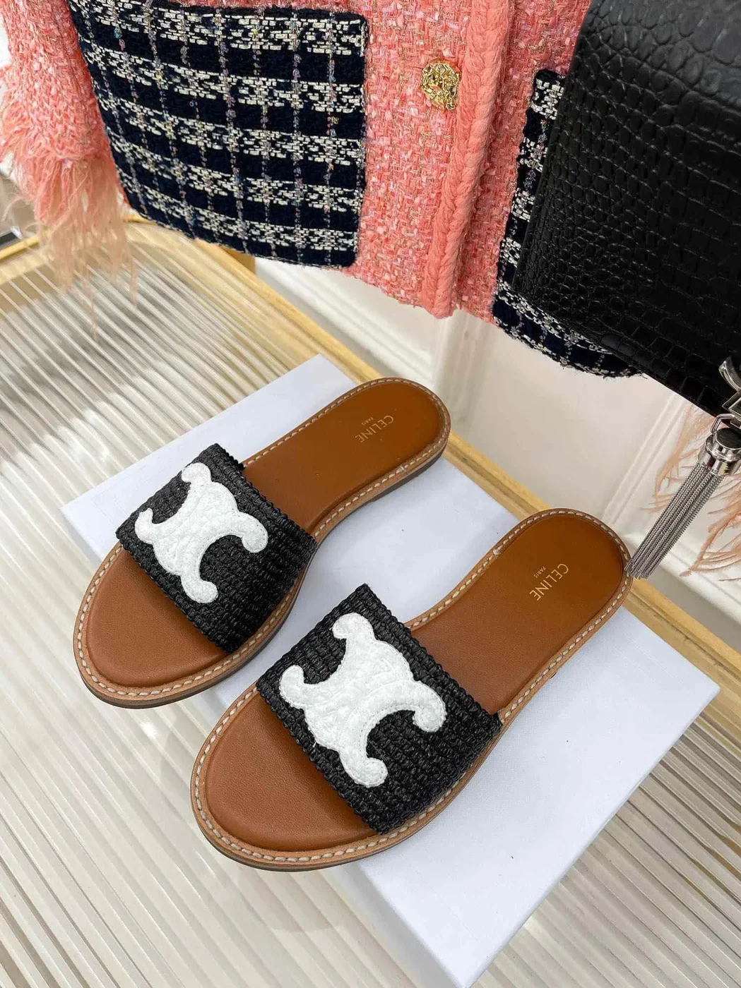 Celine Lympia Flat In Raffia Black