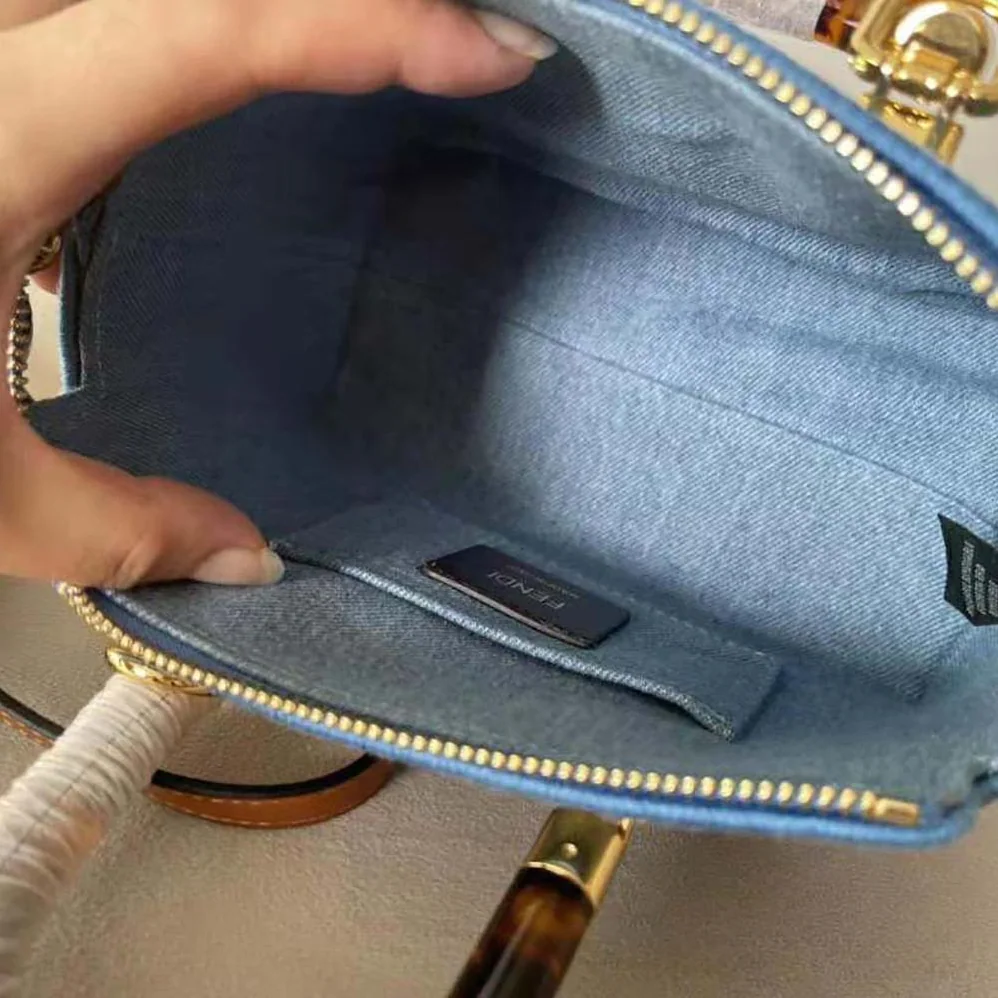 Fendi By The Way Mini Light Blue Denim Small Boston Bag for Women