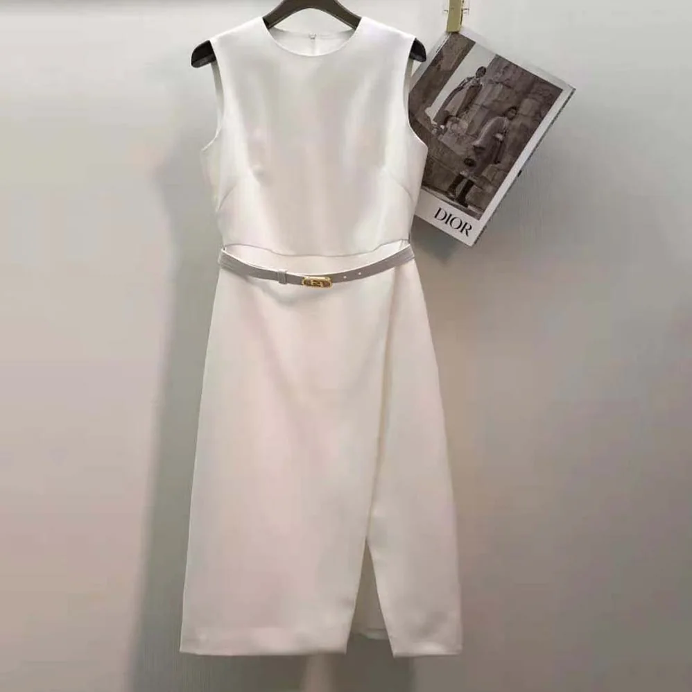 Fendi White Wool and Silk Dress with Fitted Waist and Cross for Women in Over Skirt