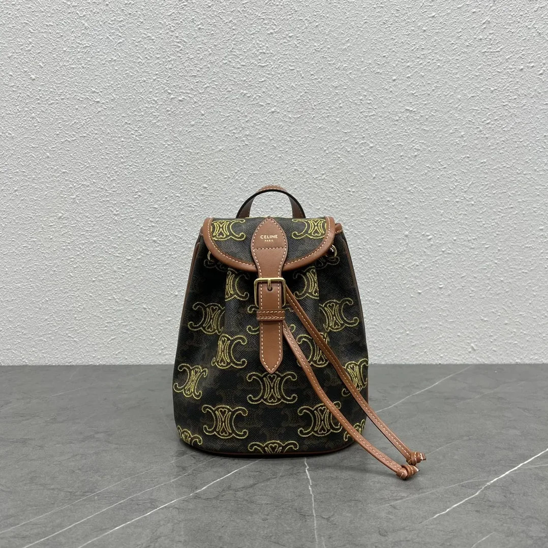 Celine Mini Backpack Folco In Triomphe Canvas With Triomphe Heart Embroidery Brown / .04LU Celine Mini Backpack Folco In Triomphe Canvas With Triomphe Heart Embroidery Brown / .04LU
