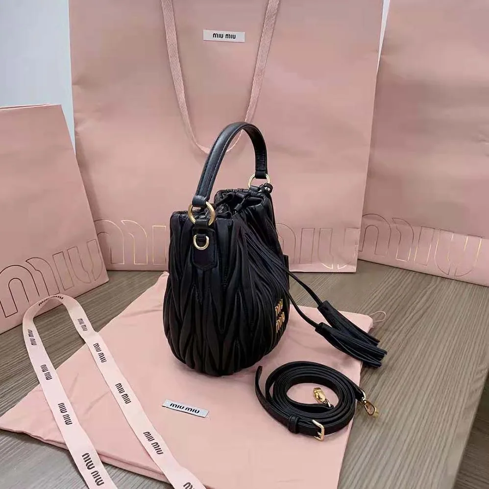 Miu Miu Matelassé Nappa Leather Bucket Bag for Women in Black Miu Miu Matelassé Nappa Leather Bucket Bag for Women in Black