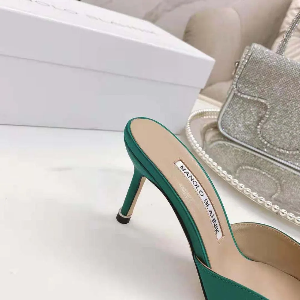 Manolo Blahnik Green Satin Jewel Buckle Mules for Women Manolo Blahnik Green Satin Jewel Buckle Mules for Women