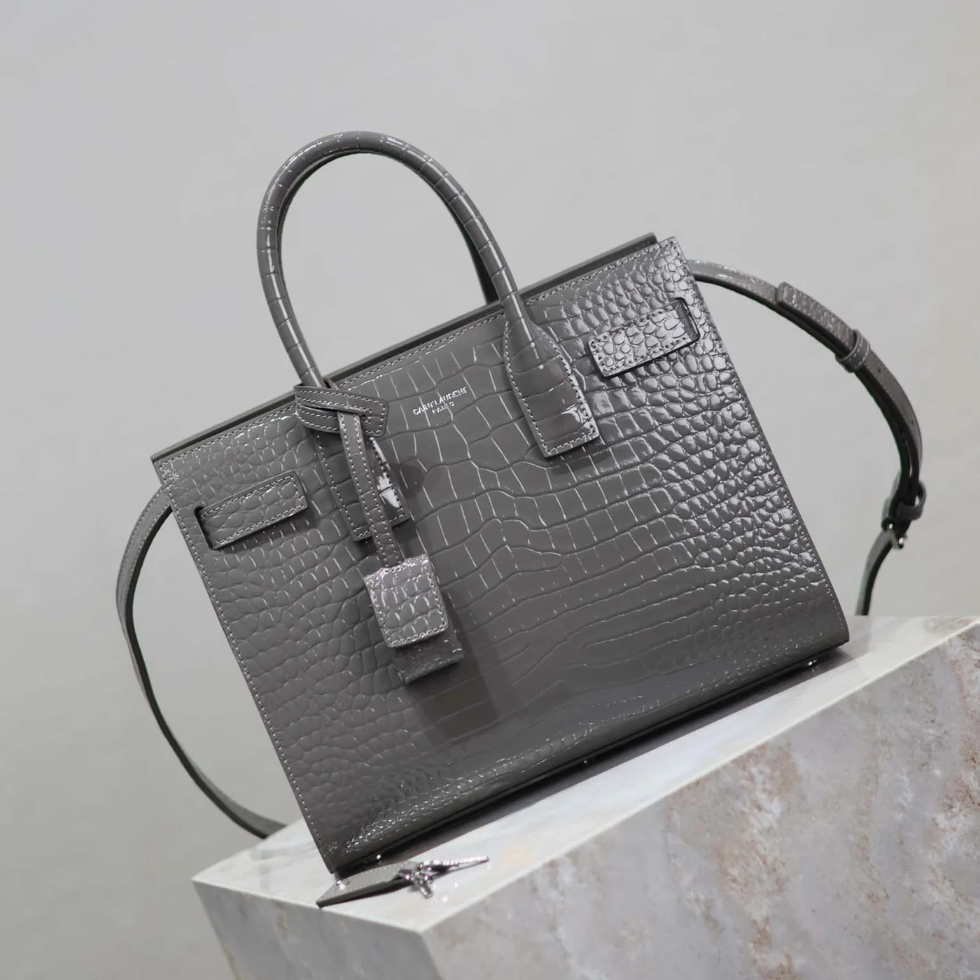 Saint Laurent YSL Sac De Jour in Embossed Crocodile Leather Baby for Women in Silver