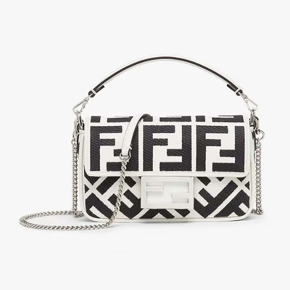 Fendi Baguette Mini White and Black Canvas Bag with FF Embroidery for Women Fendi Baguette Mini White and Black Canvas Bag with FF Embroidery for Women