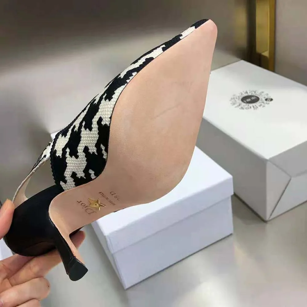 Dior J'Adior Slingback Pump Black and White Cotton Embroidery with Macro Houndstooth Motif for Women Dior J'Adior Slingback Pump Black and White Cotton Embroidery with Macro Houndstooth Motif for Women